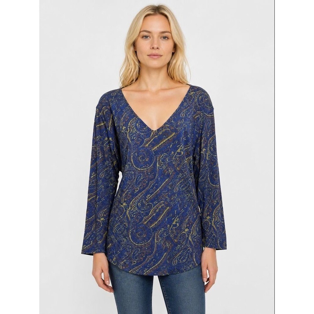 Marina Rinaldi Paisley Mesh V-Neck Top Blue Gold Polyamide T-Shirt womens  XL